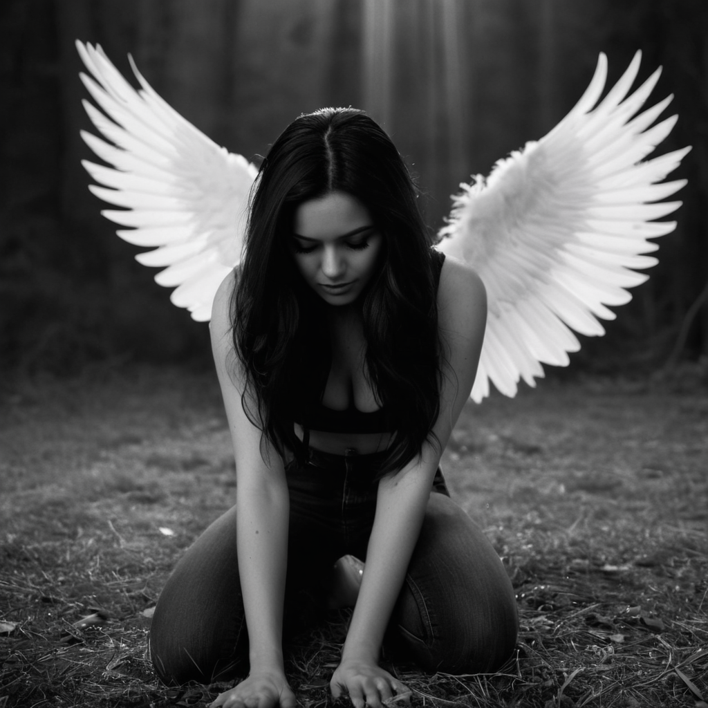 cinematic film still of  <lora:fallen angle style:1>
A photo of an angle of a woman with her hair covering her face and black wings sitting on the ground,1girl,solo,long hair,monochrome,greyscale,wings,barefoot,pants,cloud,kneeling,tattoo,denim,feathered wings,jeans,realistic , realistic, realism, photorealism, hyperrealism, hyperrealistic, realistic, sharp, detailed, cinematography style, film light style, movie still,  professional photography, artistic, perfection, contrast, cinematic, filmic, high quality photo,  8k quality, colorful, photography style, different wings, black wings, white wings, falling, fallen, fallen angle style, shallow depth of field, vignette, highly detailed, high budget, bokeh, cinemascope, moody, epic, gorgeous, film grain, grainy