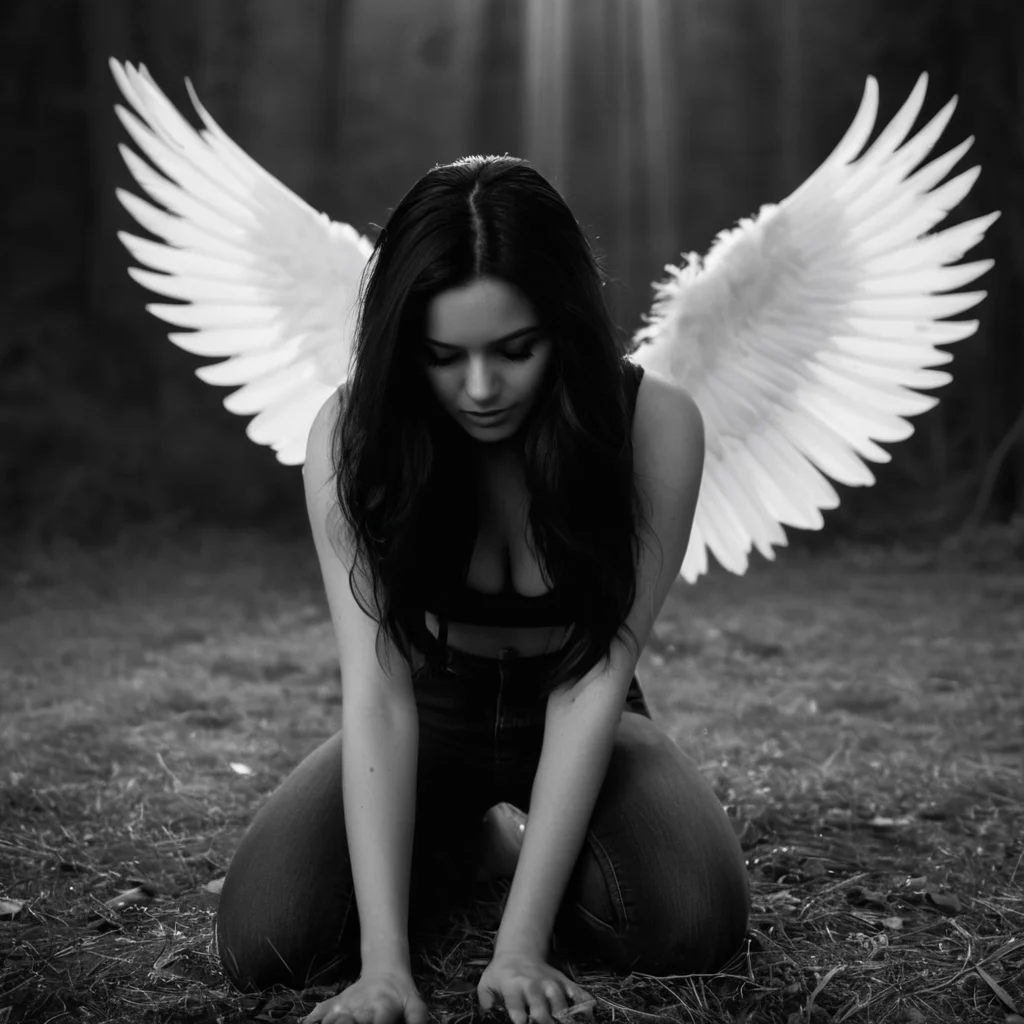 cinematic film still of <lora:fallen angle style:1>
A photo of an angle of a woman with her hair covering her face and black wings sitting on the ground,1girl,solo,long hair,monochrome,greyscale,wings,barefoot,pants,cloud,kneeling,tattoo,denim,feathered wings,jeans,realistic , realistic, realism, photorealism, hyperrealism, hyperrealistic, realistic, sharp, detailed, cinematography style, film light style, movie still, professional photography, artistic, perfection, contrast, cinematic, filmic, high quality photo, 8k quality, colorful, photography style, different wings, black wings, white wings, falling, fallen, fallen angle style, shallow depth of field, vignette, highly detailed, high budget, bokeh, cinemascope, moody, epic, gorgeous, film grain, grainy