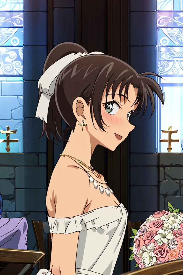 kazuhatv,1girl,solo,short hair,hair ribbon,ponytail,small breasts,wedding dress,nose blush,happy, wedding, jewelry, earrings, necklace, happy, church,flower, (looking at viewer:1.3), from side, table, upper body, 

<lora:kazuhatv:0.8>