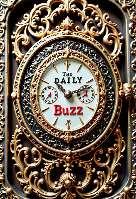 A photo of newspaper press, intricate artwork, masterpiece, trending on artstation, highly detailed. watch is metallic. newspaper press is metallic, mtlartCE_style. aidmatextimprover. Printed newspaper has the title "The Daily Buzz", colorful, steampunk