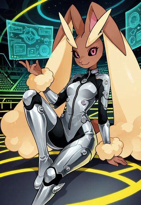 masterpiece, best quality, no humans, smile, looking at viewer, narrow waist, wide hips, sitting,    [Futuristic High Fashion], zzLopunny, light brown fur, long ears, slender figure, 1girl, solo, sleek metallic jumpsuit, angular accessories, silver boots, illuminated runway, holographic display, neon lights, high-fashion audience â zzLopunny struts down a sleek runway, her metallic jumpsuit glimmering under the spotlight. The angular accessories on her arms and neck catch the neon lights as she moves, her silver boots clicking with authority. The illuminated runway stretches ahead, flanked by futuristic holographic displays showcasing the latest in high fashion. The audience watches in awe, captivated by her poise and boldness.  <lora:LopunnyPokedex_IXL:1.0>,  C0utur3Cr4z3, <lora:CoutureCraze_IXL:0.6>,