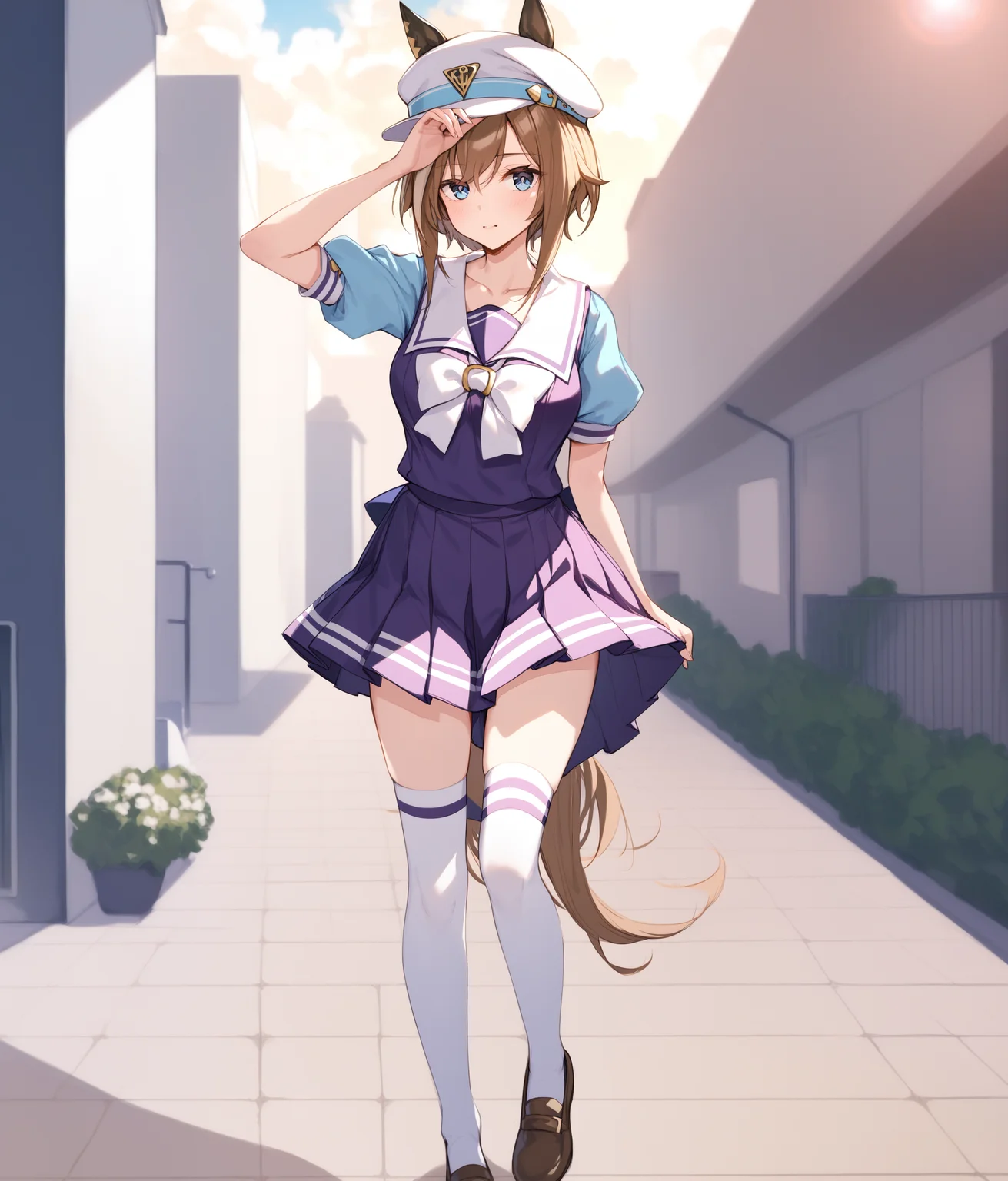 score_9, score_8_up, score_7_up, source_anime BREAK
tracen_uniform, 1girl, solo, breasts, looking at viewer, blush, blue eyes, brown hair, shirt, hat, animal ears, medium breasts, school uniform, collarbone, short sleeves, outdoors, sky, puffy sleeves, sailor collar, puffy short sleeves, horse ears, horse girl, purple shirt, hand on headwear, tracen school uniform, standing, white thighhighs, brown shoes, white bow,
<lora:cheval_grand-ponyXL:0.8>,