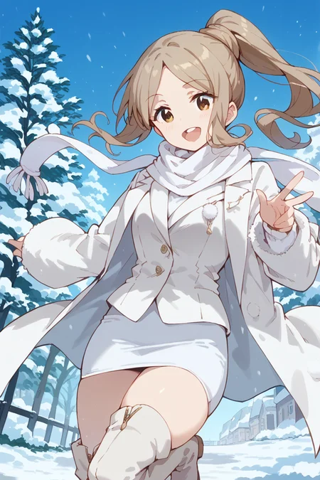 score_9, score_8_up, score_7_up, score_6_up,
<lora:Kotone_Noda:1> kotone, 1girl, solo, boots, white scarf, white thighhighs, brown eyes, ponytail, thigh boots, brown hair, white pencil skirt, long hair, smile, open mouth, white coat, winter