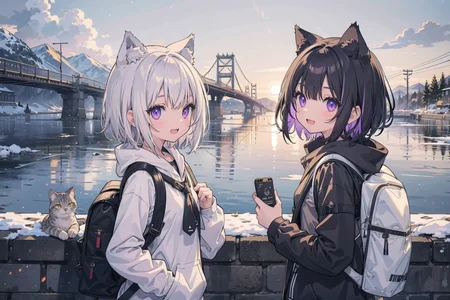 (masterpiece), (2girls:1.2), black hair, silver hair, medium hair, short hair, multicolored hair, yellow eyes, purple eyes, medium breasts, winter, casual, cat ears, smile, open mouth, backpack, scenery
