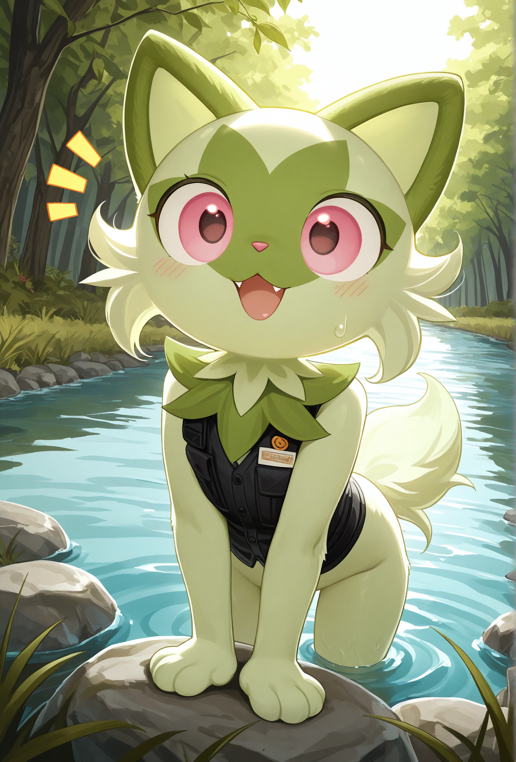 masterpiece,best quality,amazing quality, <lora:antifreez3_style_illustrious_v1f:0.8> afz3style, 1girl, furry, sprigatito, excited BREAK
vest, river,