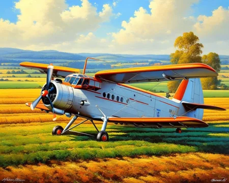 Antonov_An-2, rural scene oil painting, hay bales, biplane in sunlight, propeller, landing, masterpiece, best quality, amazing quality <lora:Mini list aircraft sdxl V1:1>