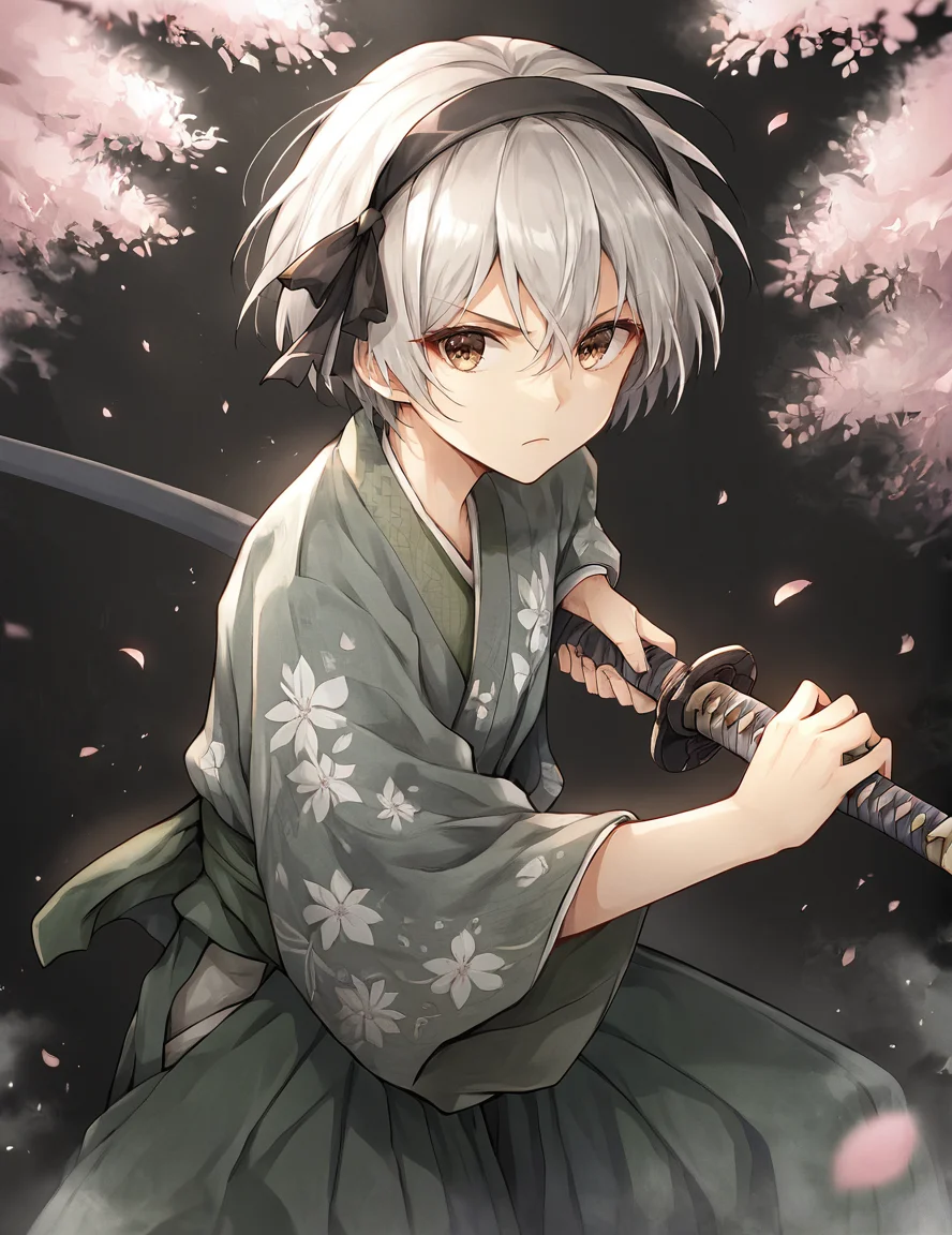 score_9, score_8_up, score_7_up,
battoujutsu sword stance, 1boyl,solo,looking at viewer,short hair,bangs,skirt,long sleeves,ribbon,hair between eyes,brown eyes,closed mouth,hair ribbon,white hair,grey hair,hairband,japanese clothes,alternate costume,wide sleeves,kimono,petals,black ribbon,floral print,katana,black hairband,black background,cherry blossoms,sheath,hakama,hakama skirt,sheathed,serious,scabbard,green kimono,unsheathing,konpaku youmu
<lora:battoujutsu_sword_stance:0.8>
