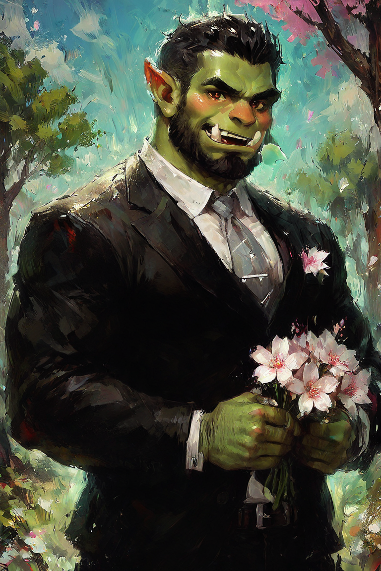 masterpiece, best quality, highres, newest, 1boy, solo, male focus, mature male, orc, green skin, tusks, short hair, black hair, facial hair, beard, muscular, looking at viewer, cowboy shot, formal, black suit, suit, white shirt, collared shirt, grey necktie, long sleeves, smile, blush, holding flower, holding bouquet, standing, outdoors, sky, blue sky, tree, cherry blossoms <lora:OIS - s4 [LoRA] - NoobAI-XL EPS 1.0:1>