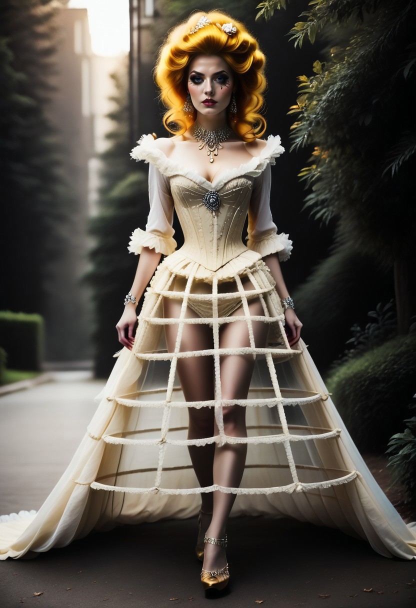 safe_pos, safe_pos, score_9, score_8_up, score_7_up, rating_safe, Fixhand, concept art, realistic, dark theme, low light, 1girl, solo.
Long yellow hair, Blue eyes, sexy makeup.
CageSkirt. ((long skirt)).
dvr-gs.
((Full body))