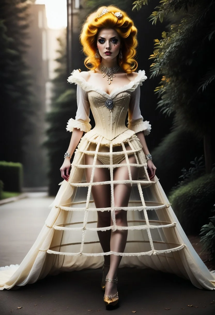 safe_pos, safe_pos, score_9, score_8_up, score_7_up, rating_safe, Fixhand, concept art, realistic, dark theme, low light, 1girl, solo.
Long yellow hair, Blue eyes, sexy makeup.
CageSkirt. ((long skirt)).
dvr-gs.
((Full body))
