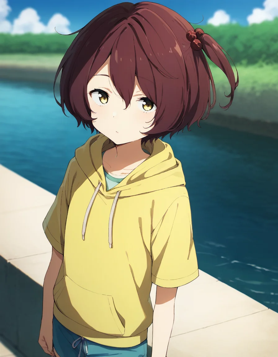 score_9, score_8_up, score_7_up, source_anime, BREAK
1girl, solo, looking at viewer, blurry background, outdoors, blue sky, river, cloud, sun, from above,
chika komari, brown hair, short hair, hair bobbles, hair between eyes, one side up, yellow eyes,
yellow hoodie, short sleeves, drawstring, blue shorts,
<lora:chika_komari_anime_v3-soralz:1>