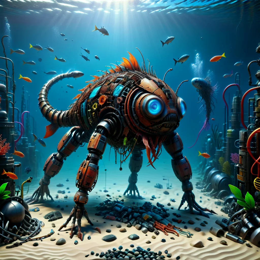 4k, extremely detailed wide view of amazing scene, Garden gnome,Scorpion, Beneath the shimmering waves lies a mesmerizing metropolis, where buildings are encrusted with colorful corals and streets are paved with smooth pebbles. Glowing jellyfish illuminate the labyrinthine alleys, while schools of fish provide lively entertainment for its aquatic inhabitants, ((underwater scrap metal androids fused with blue glowing neon)), ((aquatic)), ((oceanic)), ((submerged)), in ((underwater highly detailed cyber)) with ((aquatic setting)), ((oceanic environment)), ((styled as magical)), ((underwater aesthetic)), ((aquatic design)), ((oceanic look)), ((submerged authenticity)), with ((current flows)), ((underwater atmosphere)), ((aquatic ambiance)), ((oceanic environment)), (HD, masterpiece, best quality, hyper detailed, ultra detailed, super realistic),amazing, evi@decrepPunk, ais-scrapyrd, Rusted, rusted landscape, add-detail-xl<lora:sdxl\rust\concept_worldmorph_decrepPunk_SDXL_v1-evi@decrepPunk.safetensors:1.0:1.0> <lora:sdxl\rust\Scrapyard_Style_SDXL.safetensors:1.0:1.0> <lora:sdxl\rust\Rusted_landscape_SDXL.safetensors:1.0:1.0> <lora:sdxl\enhancment\add-detail-xl.safetensors:1.0:1.0>