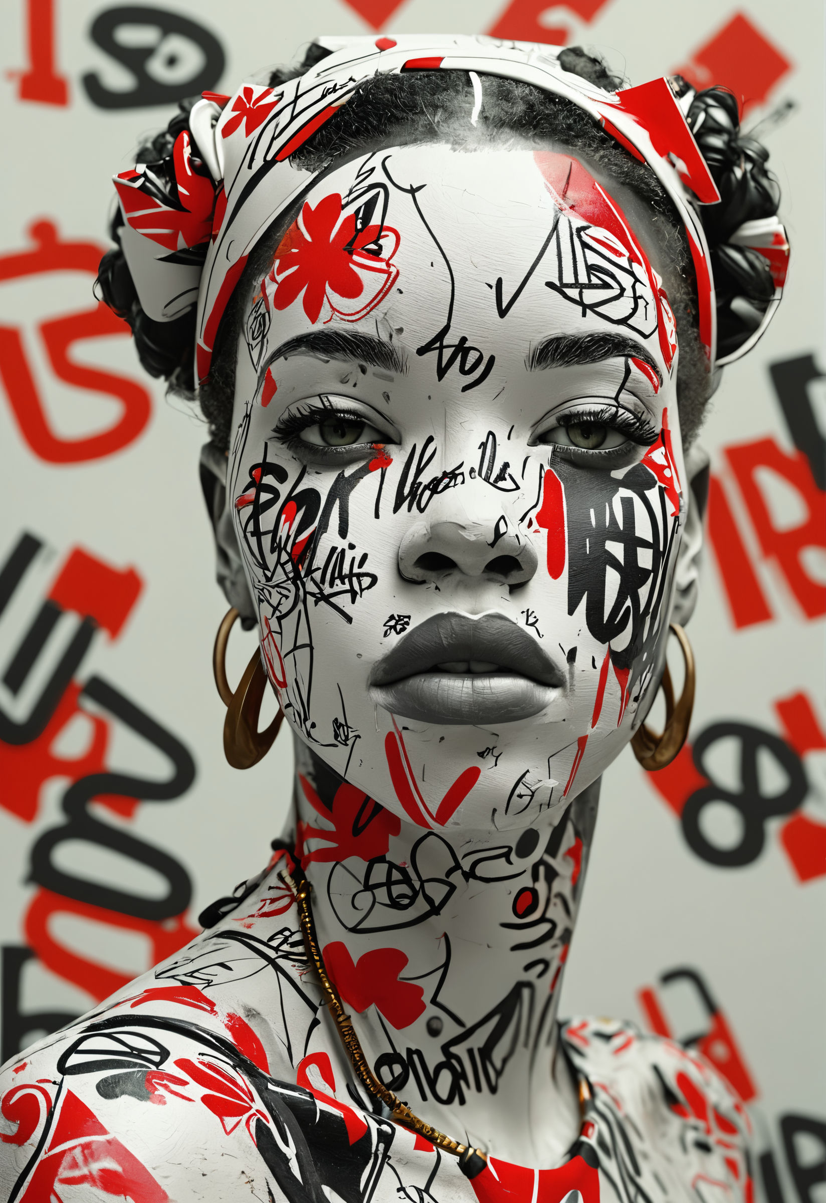 plaster female statue of attractive black woman adorned with wildstyle graffiti,intricate and dynamic graffiti lettering covers all the surface, featuring bold tags, complex shapes,  energetic chaos of wildstyle graffiti ,Zanele Muholi,Barbara Kruger,Romero Britto, handsomize,white background, grainy film filter, minimalistic, HD,bold lines,poster, intricate,artstation,dof<lora:add-detail-xl:1> <lora:MJ52:0.8>