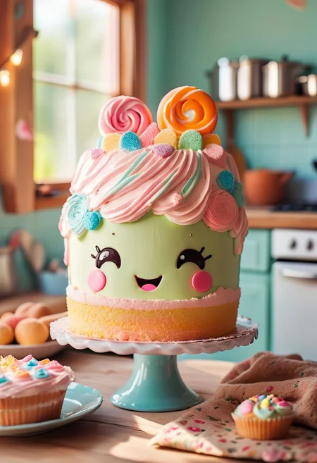 kawaii cake pareidolia in cozy kitchen. joyful mood, natural light, pastel colors, high resolution.