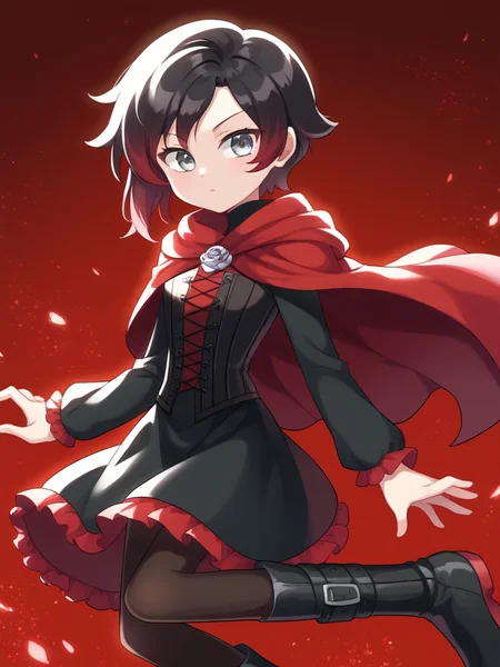 score_9, score_8_up, score_7_up, source_anime, BREAK
1girl, solo, <lora:Miwako:1> round head, round face,, Ruby Rose \(Rwby\), black hair, red hair, gradient hair, silver eyes, short hair, black dress, red frills, red cloak, pantyhose, black pantyhose, black boots, long sleeves, red trim, corset, black corset, turtleneck