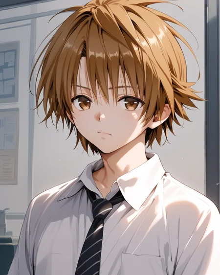 score_9, score_8_up, score_7_up, score_6_up, score_5_up, score_4_up, source_anime, screenshots, <lora:toloverudarkness_pony_v1_uo-000020:1>1boy, solo, yuuki rito, brown hair, brown eyes,  white shirt, collared shirt, necktie, upper body,