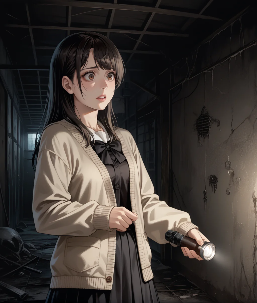 score_9, score_8_up, score_7_up, source_anime, dark, horror \(theme\), dark theme, <lora:pointing_flashlight:1>, flpoint, flashlight, black hair, brown eyes, 1girl, indoors, dark, night, underground, shadows, abandoned, worried, (scared expression:0.6), black hair, brown eyes, cowboy shot, concrete walls, beige cardigan, pleat skirt, indoors