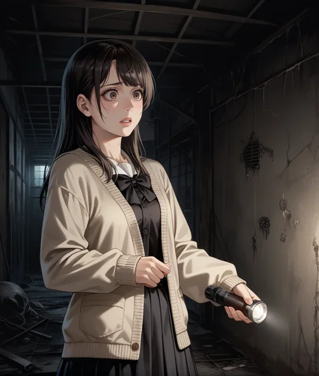 score_9, score_8_up, score_7_up, source_anime, dark, horror \(theme\), dark theme, <lora:pointing_flashlight:1>, flpoint, flashlight, black hair, brown eyes, 1girl, indoors, dark, night, underground, shadows, abandoned, worried, (scared expression:0.6), black hair, brown eyes, cowboy shot, concrete walls, beige cardigan, pleat skirt, indoors