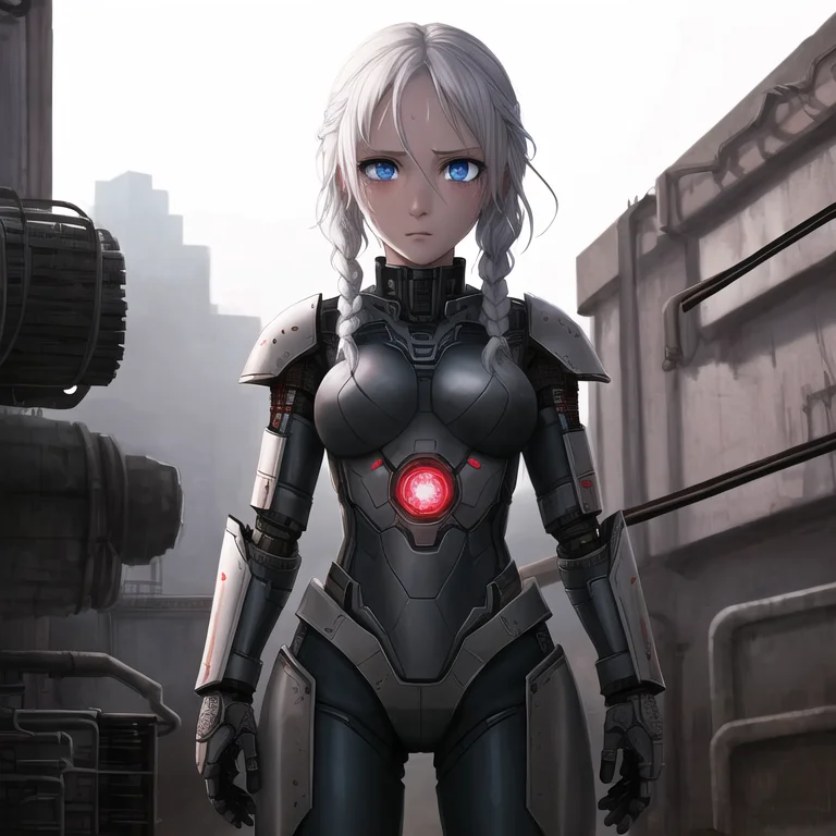 best quality, lying, adventurer, science fiction, robot armor, tubes, wires, drugs, cables, drugged, machinery, white hair, messy hair, side braid, white skin, blue eyes, (empty eyes:1.5), side braid, medium breasts, flower in hair, intricate details, detailed hair, cinematic lighting, dazed, expressionless, mind control, looking down, (corruption:1.3), wide shot, mechanical parts, in container, disassembly, dirty, junk, filthy, (cracked skin:1.4), , expressionless, injury, by Zdzislaw Beksinski, solo, chromatic aberration, illustration