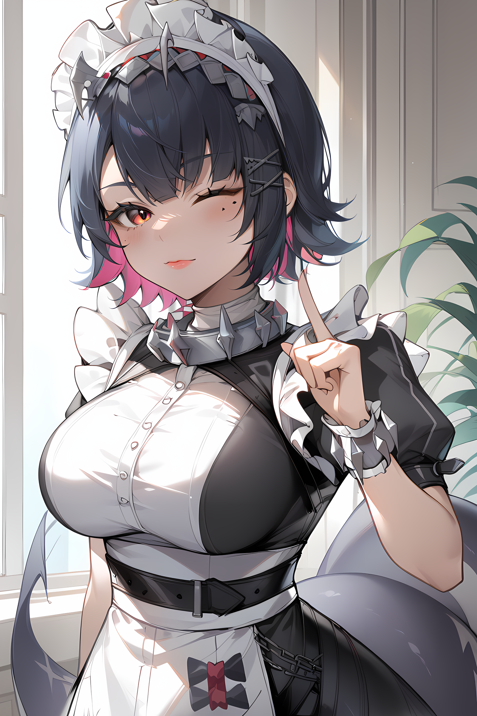 score_9, score_8_up, score_7_up, masterpiece, absurdres,  highres,  kellenjoe, maid headress, maid, maid apron, tail, 1girl, blush, breasts, closed mouth, index finger raised, lips, looking at viewer, one eye closed, smile solo, upper body <lora:ellenjoe_2:1>