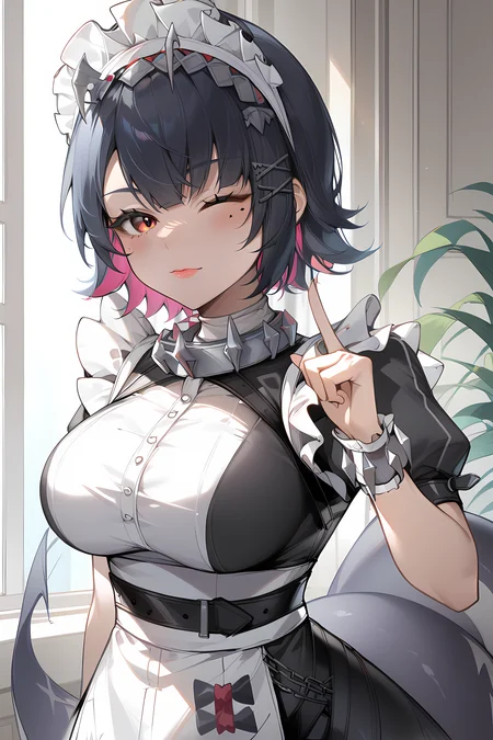 score_9, score_8_up, score_7_up, masterpiece, absurdres, highres, kellenjoe, maid headress, maid, maid apron, tail, 1girl, blush, breasts, closed mouth, index finger raised, lips, looking at viewer, one eye closed, smile solo, upper body <lora:ellenjoe_2:1>