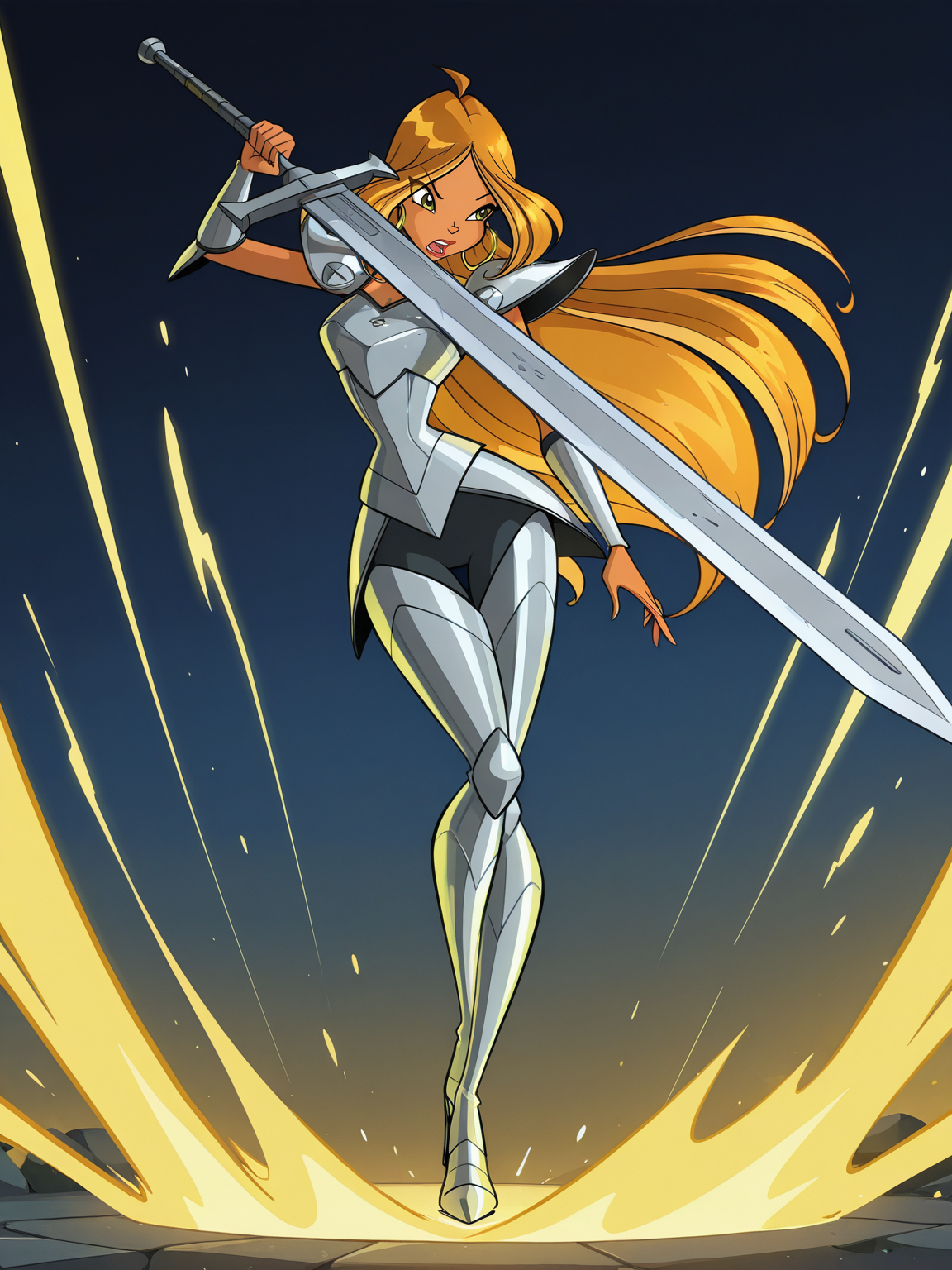<lora:winxFloraIL:0.7> winxflora,
gigantic sword, steel armor,glowing liens, action, full body, glowing background