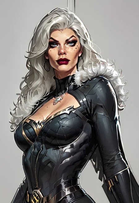 score_9, score_8_up, score_7_up, source_marvel, Black Cat, rivals, cel-shading, MYLF, realistic, freckles, large lips, beautiful eyes BREAK A highly detailed character rendering of Black Cat from Marvel, depicted in a dynamic pose with a cel-shading style. The character features bold outlines and distinct, flat color regions with no gradient mesh, maintaining separate color blocks. Black Cat is dressed in her iconic black outfit with white fur accents and a mask. Her expression is confident and alluring, with her white hair flowing gracefully. The background is minimalistic with a dark theme, emphasizing the character's striking presence.