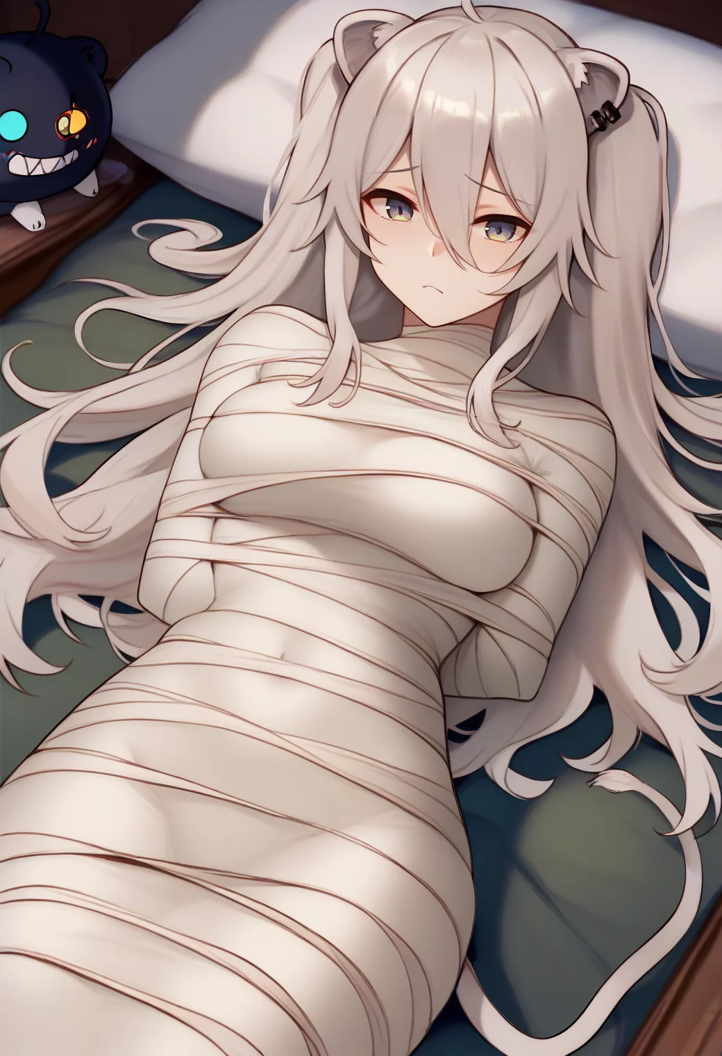score_9, score_8_up, score_7_up, score_6_up, score_5_up, score_4_up,
shishiro botan, hololive, 1girl, long hair, two side up, ear piercing, lion tail,
solo, indoors, on bed, lying, pillow, straight-on, cowboy shot, on back,
arms behind back, mummification \(bound\), bandages, restrained,
<lora:mummyxlpony:1> <lora:ShishiroBotanPDXL:0.8>