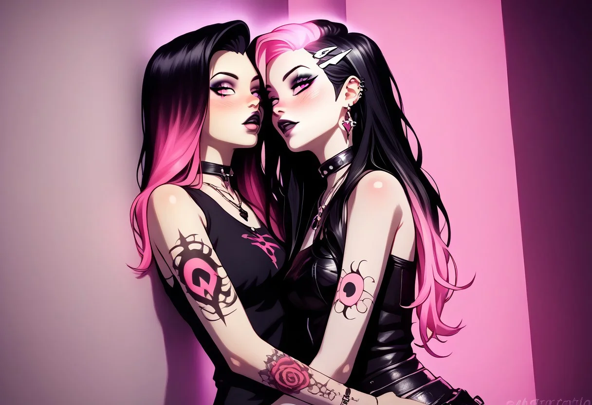 score_9, score_8_up, score_7_up, (((Goth girl seducing man))), goth girl 1girl, ,looking at viewer, long hair,hair between the eyes,bare shoulders,jewelry,(black hair, pink hair,multicolored hair,glowing hair), tattoo, sleeveless,pink eyes,necklace,two-tone hair,lips,makeup, school background,spot color,  fdom_awall, leg between thighs, rhand_wall, lhand_crotch<lora:add-detail-xl:0.4> , <lora:[GP] somethingweird [Pony XL]:0.2>, <lora:g0th1cPXL:0.3>,  <lora:Goth_girl_XL-v2:0.8> ,<lora:st4t1ctvXLP:0.8>
BREAK, 1boy,