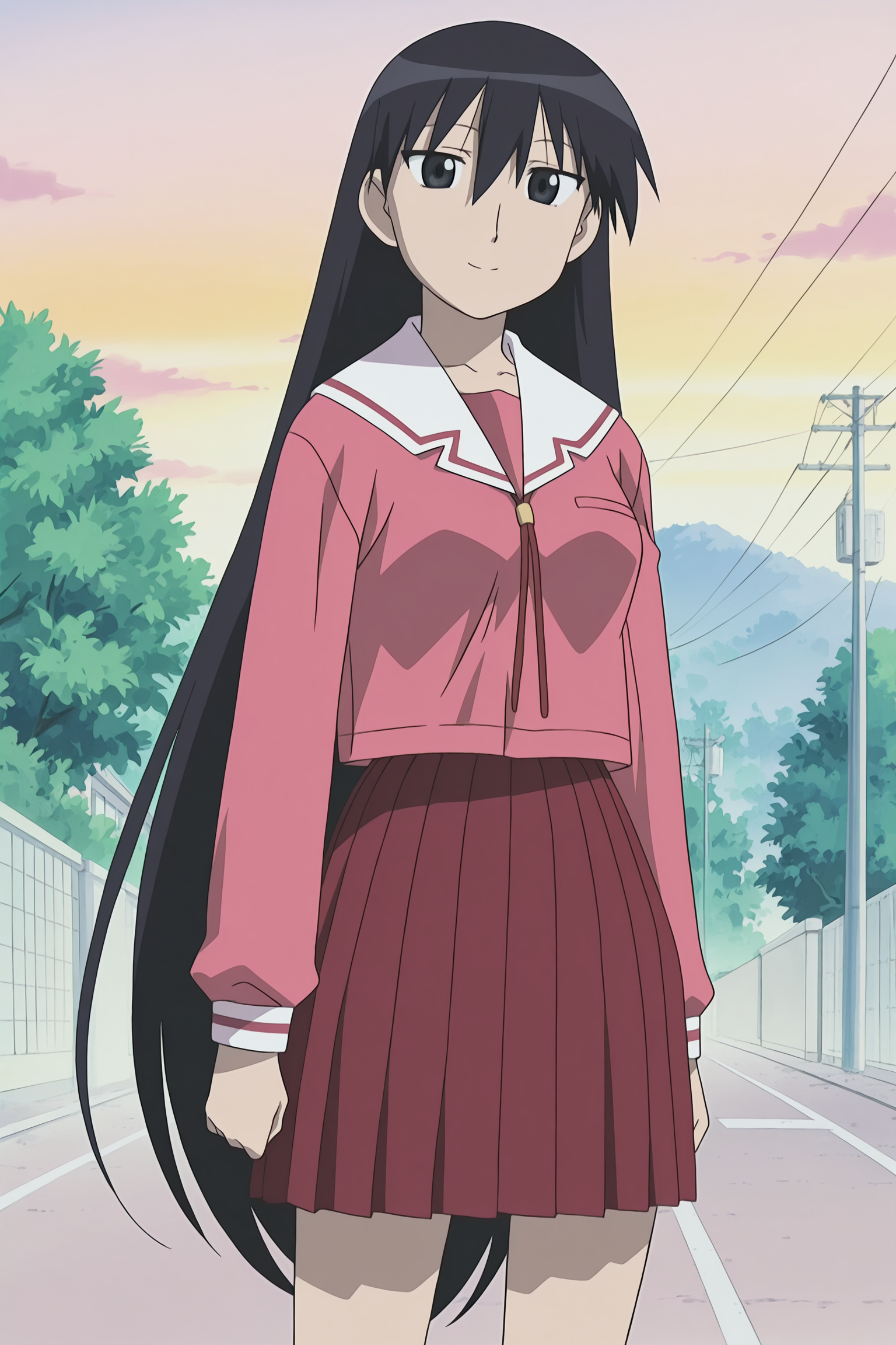 anime screencap, anime coloring, detailed face, masterpiece, best quality, very aesthetic, absurdres, volumetric lighting, official style, amazing quality, ultra detailed, highres, amazing quality, scenery, beautiful detailed hair, beautiful detailed eyes,
<lora:StS-Illustrious-Detail-Slider-v1.0:4>
 <lora:Sakaki_Azumanga_Daioh:1>
Sakaki pink uniform (outfit), Sakaki (character), 1girl, solo, school uniform, winter uniform, long hair, black hair, pink shirt, serafuku, skirt, shirt, socks, parody, black eyes, very long hair, pleated skirt, smile, looking at the viewer, cowboy shot,
outdoors