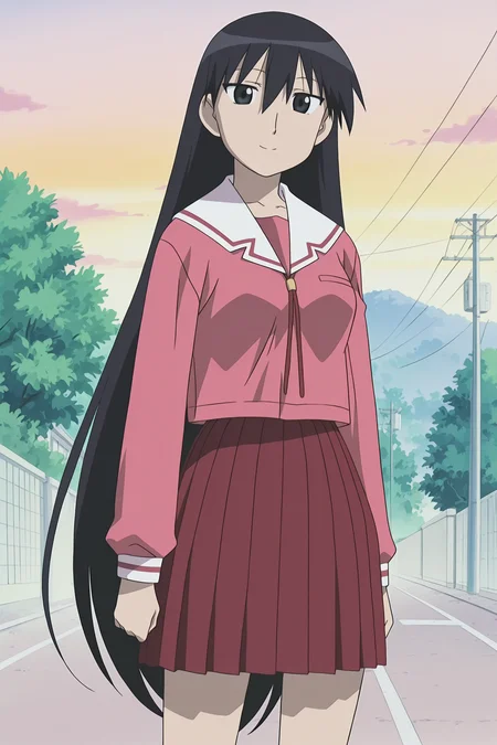 anime screencap, anime coloring, detailed face, masterpiece, best quality, very aesthetic, absurdres, volumetric lighting, official style, amazing quality, ultra detailed, highres, amazing quality, scenery, beautiful detailed hair, beautiful detailed eyes,
<lora:StS-Illustrious-Detail-Slider-v1.0:4>
 <lora:Sakaki_Azumanga_Daioh:1>
Sakaki pink uniform (outfit), Sakaki (character), 1girl, solo, school uniform, winter uniform, long hair, black hair, pink shirt, serafuku, skirt, shirt, socks, parody, black eyes, very long hair, pleated skirt, smile, looking at the viewer, cowboy shot,
outdoors