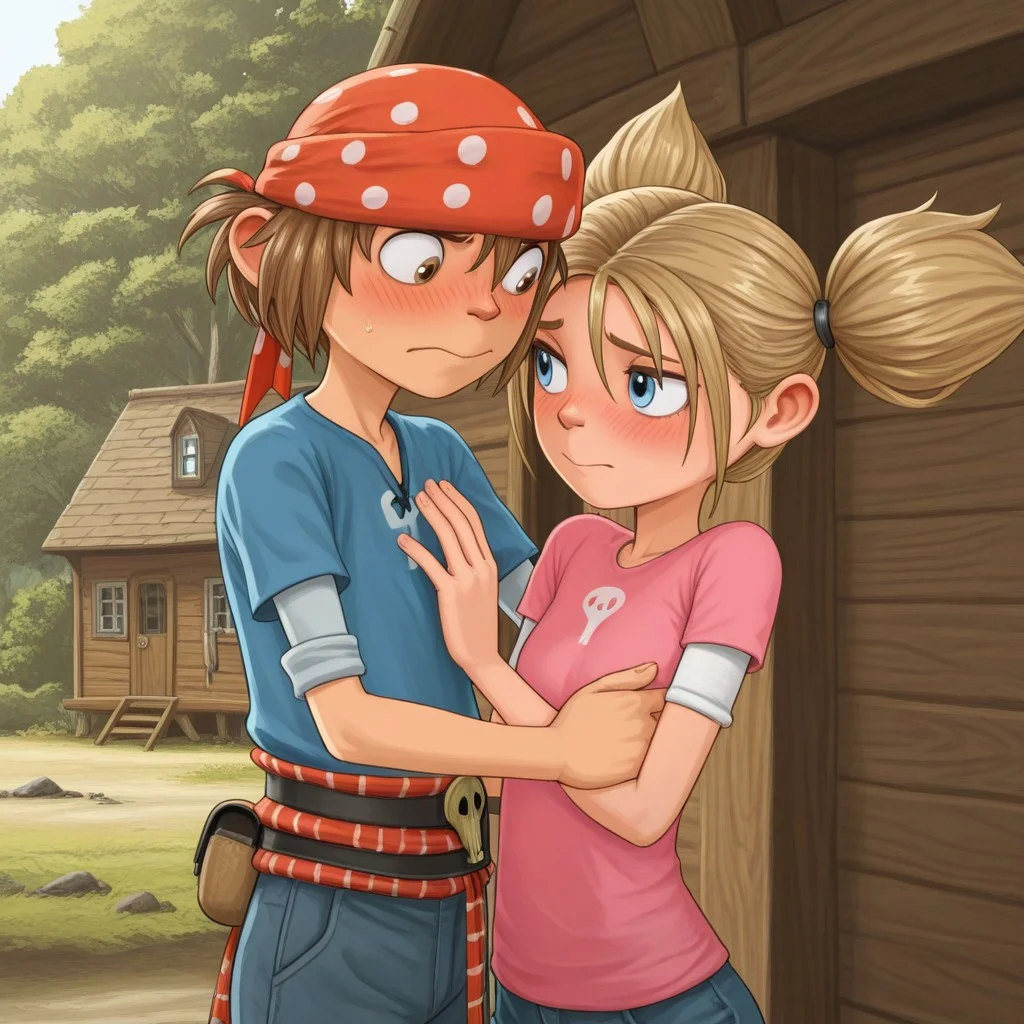 masterpiece, best quality, break, pnd, couple, hetero, (1boy, jim_pnd, bandana), break, (1girl, matilda_pnd, twintails), tree house, outdoors, natural lighting, hugging, looking at partner, blushing,