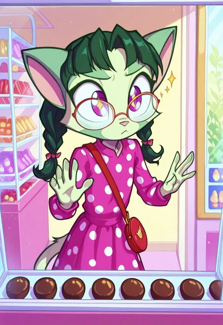 Dreamkeepers,1girl,prelude_lilith,solo,furry,tail,green hair, source_furry,glasses,magenta eyes,
child, kid,
presses her nose against a candy shop window, her breath fogging the glass. Her eyes sparkle as she gazes at rainbow-colored lollipops and chocolate truffles, clutching a tiny coin purse. A stray curl escapes her braided pigtails, and her polka-dot dress flutters in the breeze. Behind her, a grumpy shop cat watches judgmentally from a display shelf, candy_store, window, sparkling_eyes, braided_pigtails, polka_dot_dress, coin_purse, fogged_glass, curious_expression, wind_blown_hair, ribbon, innocent_face, chocolate