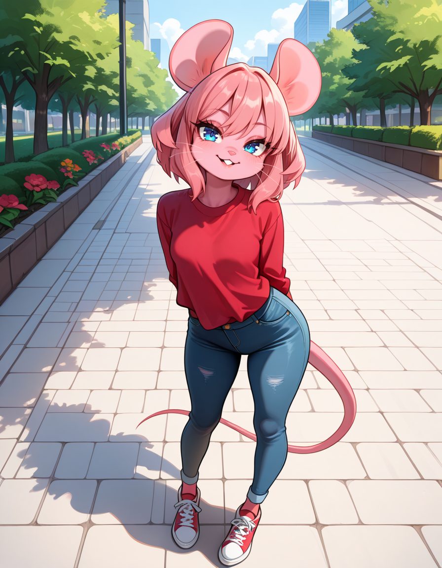 masterpiece, best quality, very aesthetic, absurdres,
outdoors, casual, 
full body, standing, posing, 
 seductive smile, parted lips, long eyelashes,
 <lora:Mouse_Girl_v01_NAIXL:1>
M0sgr1,1girl,solo,furry,furry female,mouse girl,mouse ears,pink hair,short hair,blue eyes,snout,animal nose,whiskers,buck teeth,body fur,pink fur,mouse tail,