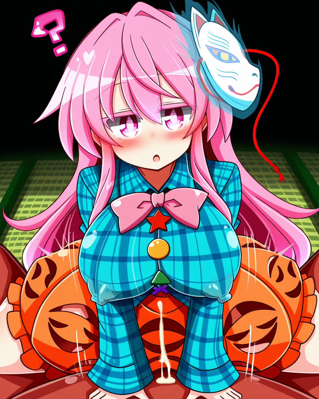 1girl, solo, hata no kokoro,fox mask,pink hair,pink eyes,blue plaid shirt,pink bow,orange bubble skirt