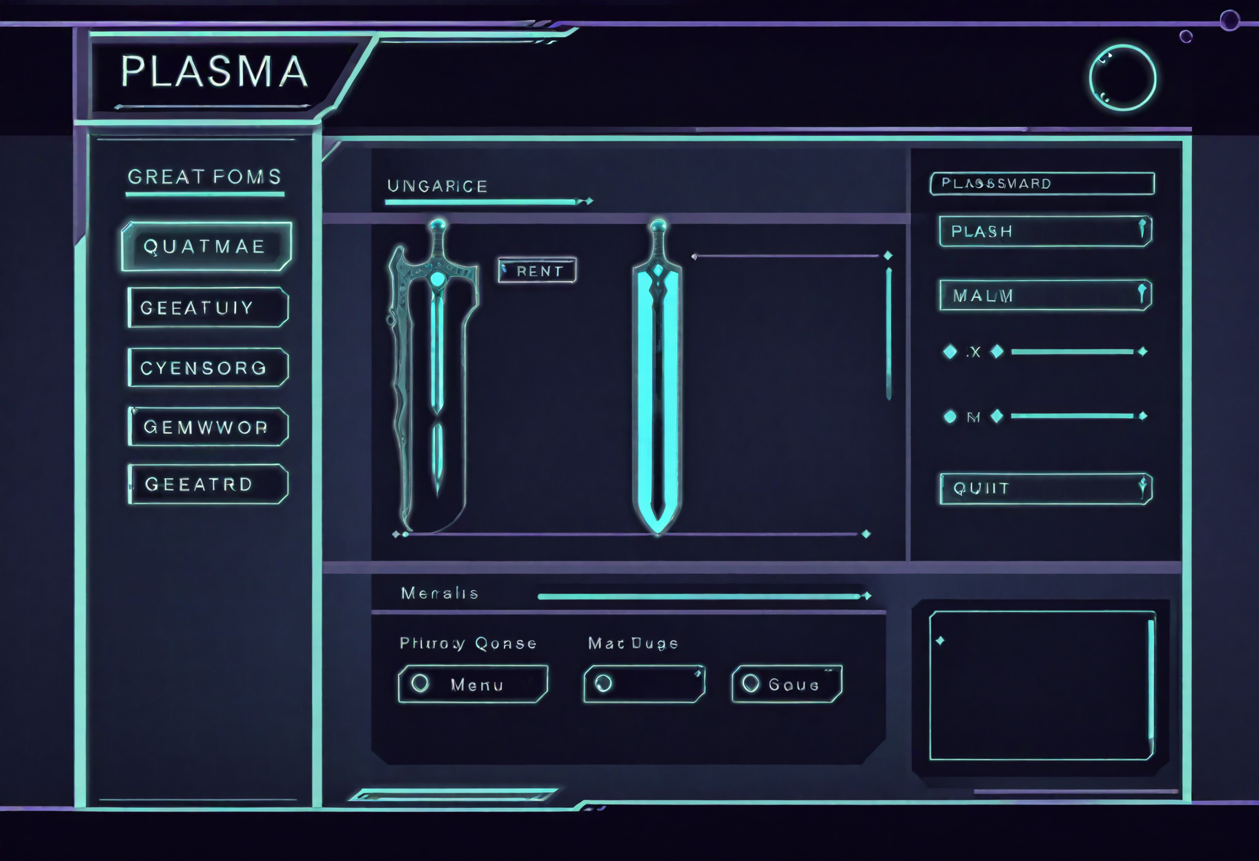carduiux, weapon preview of giant plasma greatsword, rpg game screenshot, upgrade menu overlay, geometric UI design, stats, buttons, english text, roman numerals, futuristic style, cyan menu, high quality, refined design, sophisticated   <lora:dmd2_sdxl_4step_lora> <lora:xl_carduiux-10>