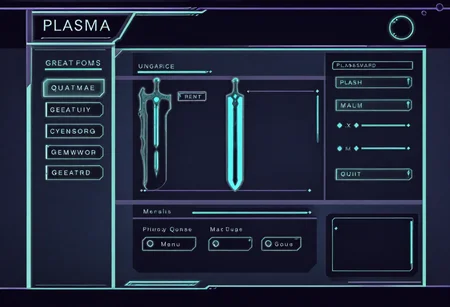 carduiux, weapon preview of giant plasma greatsword, rpg game screenshot, upgrade menu overlay, geometric UI design, stats, buttons, english text, roman numerals, futuristic style, cyan menu, high quality, refined design, sophisticated <lora:dmd2_sdxl_4step_lora> <lora:xl_carduiux-10>