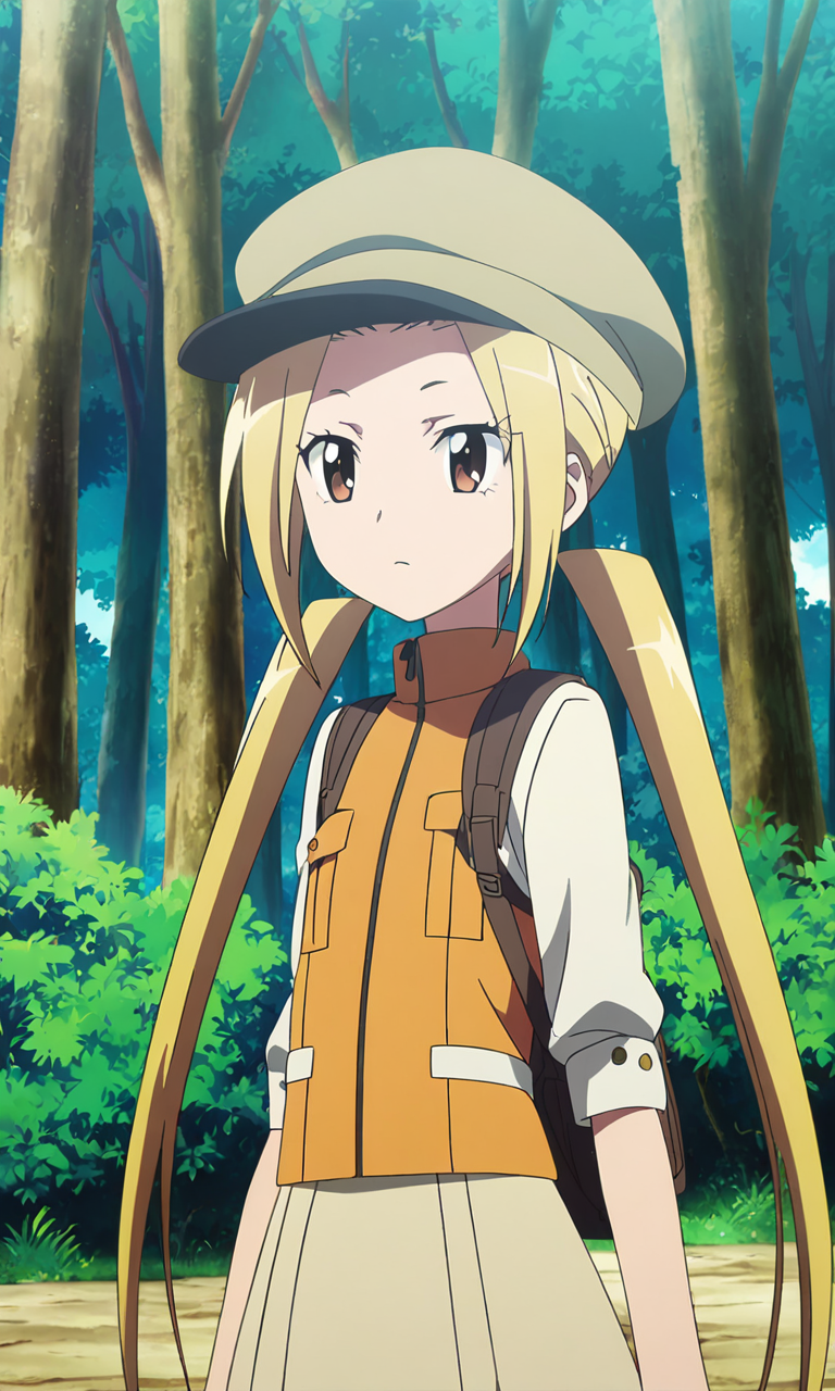 anime artwork hagimura suzu, 1girl, long hair, blonde hair, twintails, brown eyes, petite, flat chested, hiking clothing, skirt,hat, forest,masterpiece,best quality,8k highres . anime style, key visual, vibrant, studio anime, highly detailed