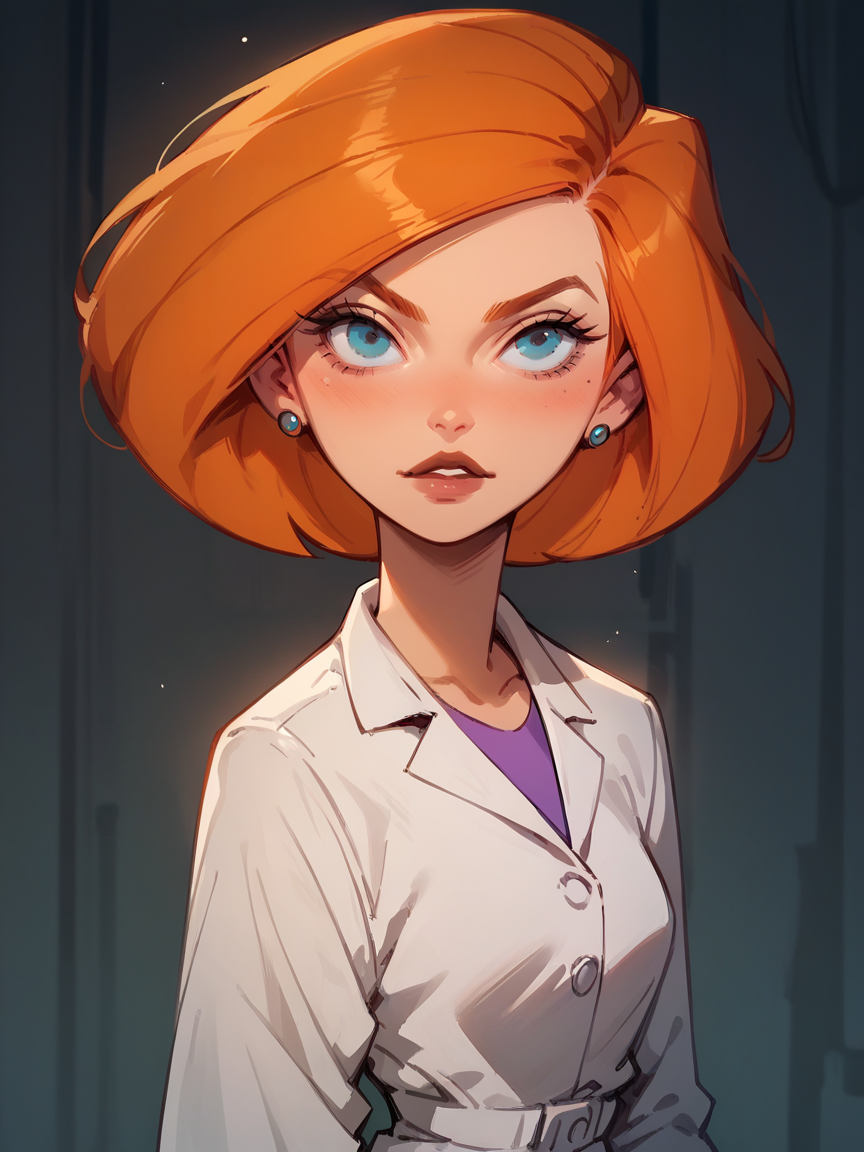 score_9, score_8_up, score_7_up, score_6_up, score_5_up, <lora:EgirlPFP-XLP:1> egirlpfp,  <lora:annpossibleXLP:1> ann possible, blue eyes, 1girl, solo, orange hair, short hair, lab coat,