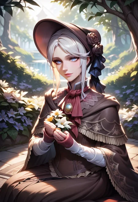 score_9, score_8_up, score_7_up, official art, extremely detailed CG unity 8k wallpaper, perfect lighting, Colorful, Bright_Front_face_Lighting, (masterpiece:1.0), (best_quality:1.0), ultra high res, 4K, ultra-detailed, 8K, (beautiful_face:1.5), perfect eyes, perfect face, plaindoll, white hair, doll joints, bonnet, red ascot, brown cloak, brown dress, long dress, gloves, sitting on bench, flowers, outside, forest, holding flower