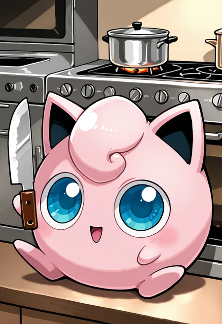 masterpiece, best quality, no humans,  zzJigs, sitting in a kitchen, holding a kitchen knife, cute, big eyes, happy,   <lora:JigglypuffPokedex_IXL:1.0>,   <lora:ZankuroStyle_NAI:0.5>,   <lora:HaradaTakehito_NAI:0.5>,