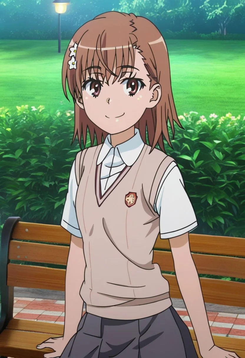 masterpiece, best quality, absurdres, highres, intricate details, very aesthetic, on-model, accurate art style, anime screencap, anime coloring, show accurate, cartoon screencap, movie accurate, official screencap, style parody, flat colors, official art, proper proportions, extremely detailed, newest, 2024, BREAK, 1girl, misaka mikoto, short hair, brown hair, hair ornament, hair flower, school uniform, tokiwadai school uniform, white shirt, brown sweater vest, short sleeves, v-neck, skirt, white socks, loafers, brown loafers, shoes, BREAK, smiling, looking at viewer, BREAK, detailed background, outdoors, park, lamp, bench, BREAK, vibrant colors, cinematic lighting, 75% soft lighting, 25% dark lighting