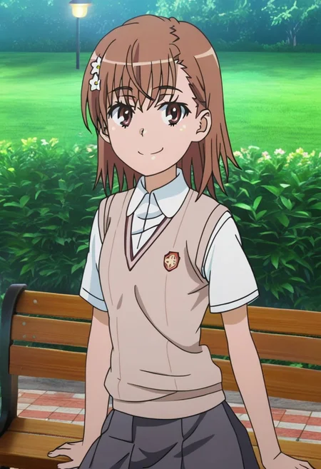 masterpiece, best quality, absurdres, highres, intricate details, very aesthetic, on-model, accurate art style, anime screencap, anime coloring, show accurate, cartoon screencap, movie accurate, official screencap, style parody, flat colors, official art, proper proportions, extremely detailed, newest, 2024, BREAK, 1girl, misaka mikoto, short hair, brown hair, hair ornament, hair flower, school uniform, tokiwadai school uniform, white shirt, brown sweater vest, short sleeves, v-neck, skirt, white socks, loafers, brown loafers, shoes, BREAK, smiling, looking at viewer, BREAK, detailed background, outdoors, park, lamp, bench, BREAK, vibrant colors, cinematic lighting, 75% soft lighting, 25% dark lighting