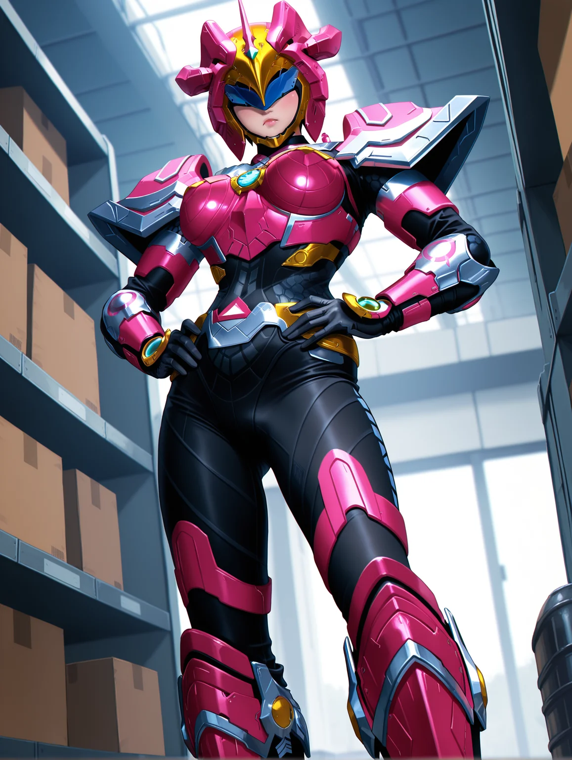 masterpiece, best quality, good quality, very aesthetic, absurdres, newest, 8K, anime screencap, detailed background, offical art, very aesthetics of fine arts, <lora:spo_sdxl_10ep_4k-data_lora_webui:1>, embedding:IllusP0s, embedding:Smooth Quality,
1girl, solo, <lora:TIANYU_IL:1>, tianyu/(ultra beast force/), helmet, covered eyes, lips, power armor, power boots, black bodysuit, medium breasts, chest jewel, tokusatsu, <lora:handPatchUnet:1>, detailed_hands, elegant_fingers, (cute:1.2), (sexy:1.2), Enchanting Eyes, balanced figure, looking at viewer, pouting, standing, from below, warehouse, hands on hips