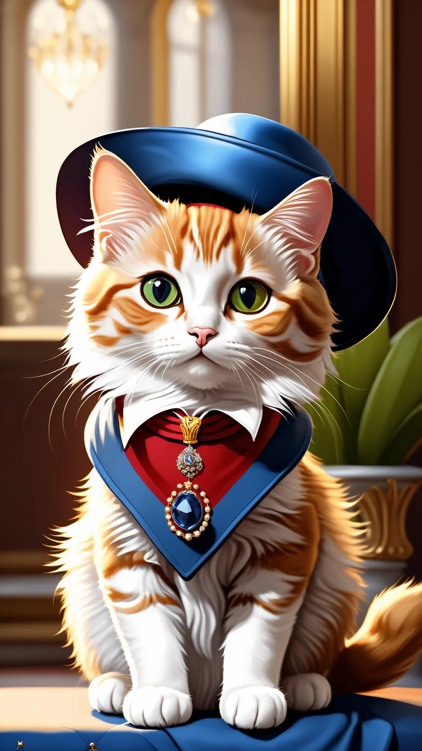 (((masterpiece))), (((best quality))), ((highly detailed)), (8k portrait of a cute small cat with hat), (royal pose), (noble cat), (digital art), wearing glasses