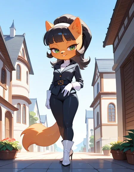 masterpiece, best quality, very aesthetic, absurdres,
outdoors, standing, posing, 
full body, seductive smile, parted lips, long eyelashes,
white gloves, white high heel boots, black pants, black jacket, long sleeves, 
<lora:Kitty_Katswell_v01_NAIXL:1>
K1tty_Kat6w3311, 1girl, solo, furry, furry female, animal ears, long hair, black hair, hairband, blunt bangs, flipped hair, green eyes, animal nose, body fur, orange fur, tail,
