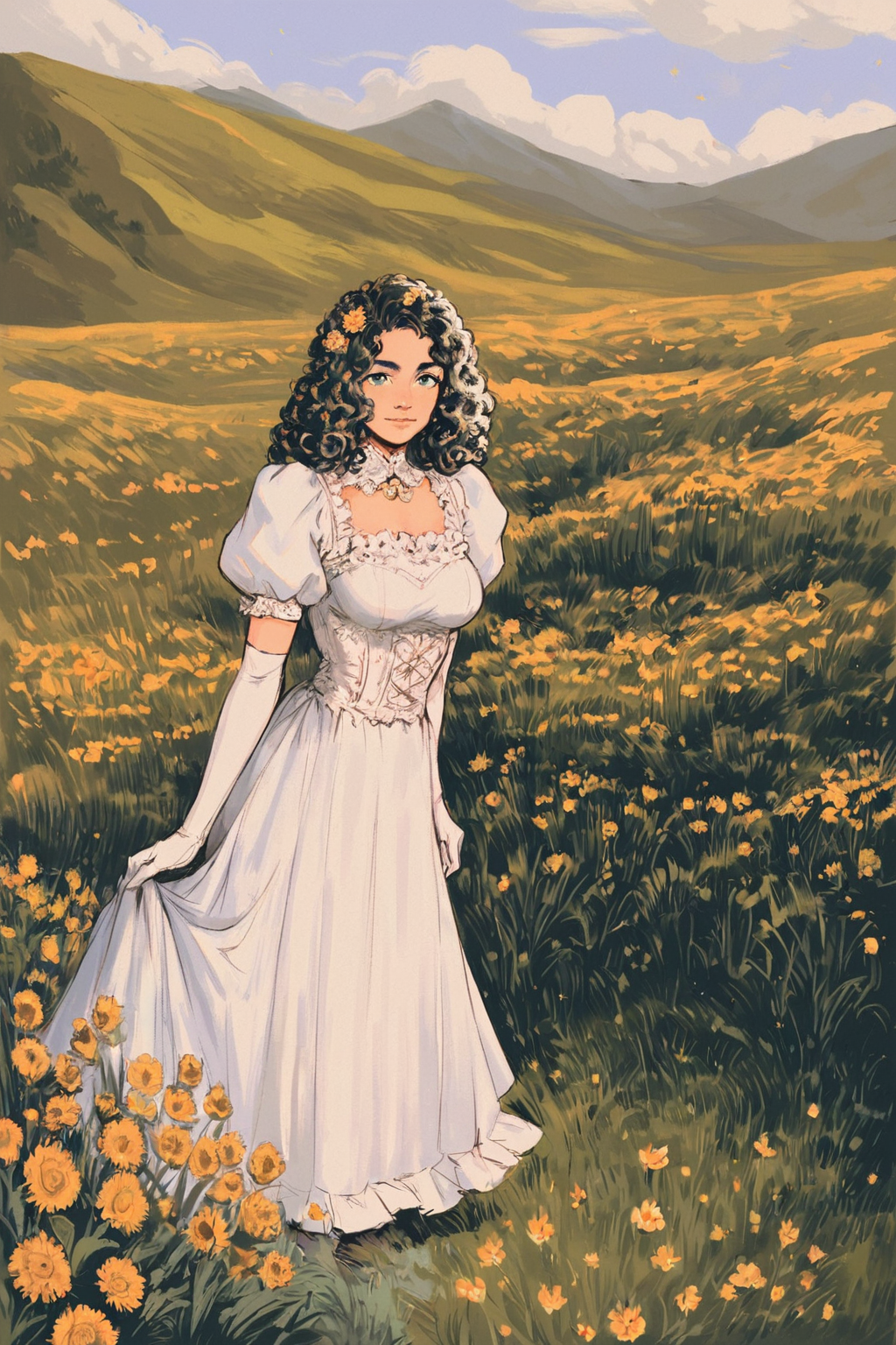 score_9, score_8_up, score_7_up, rating_safe, 1girl, solo, long hair, curly hair, wavy hair, looking at viewer, breasts, dress, white dress, puffy sleeves, puffy short sleeves, short sleeves, gloves, elbow gloves, white gloves, cowboy shot, closed mouth, standing, outdoors, field, flower, grass, plant, sky, <lora:godiva_color:1>
