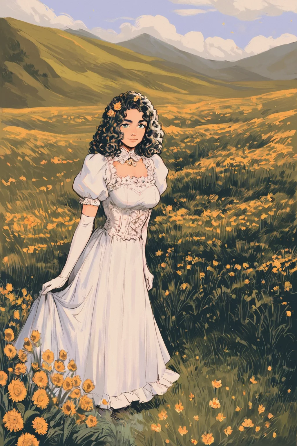 score_9, score_8_up, score_7_up, rating_safe, 1girl, solo, long hair, curly hair, wavy hair, looking at viewer, breasts, dress, white dress, puffy sleeves, puffy short sleeves, short sleeves, gloves, elbow gloves, white gloves, cowboy shot, closed mouth, standing, outdoors, field, flower, grass, plant, sky, <lora:godiva_color:1>