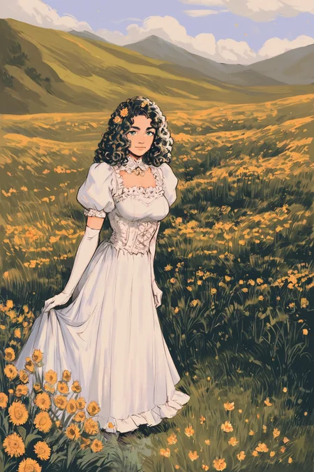 score_9, score_8_up, score_7_up, rating_safe, 1girl, solo, long hair, curly hair, wavy hair, looking at viewer, breasts, dress, white dress, puffy sleeves, puffy short sleeves, short sleeves, gloves, elbow gloves, white gloves, cowboy shot, closed mouth, standing, outdoors, field, flower, grass, plant, sky, <lora:godiva_color:1>