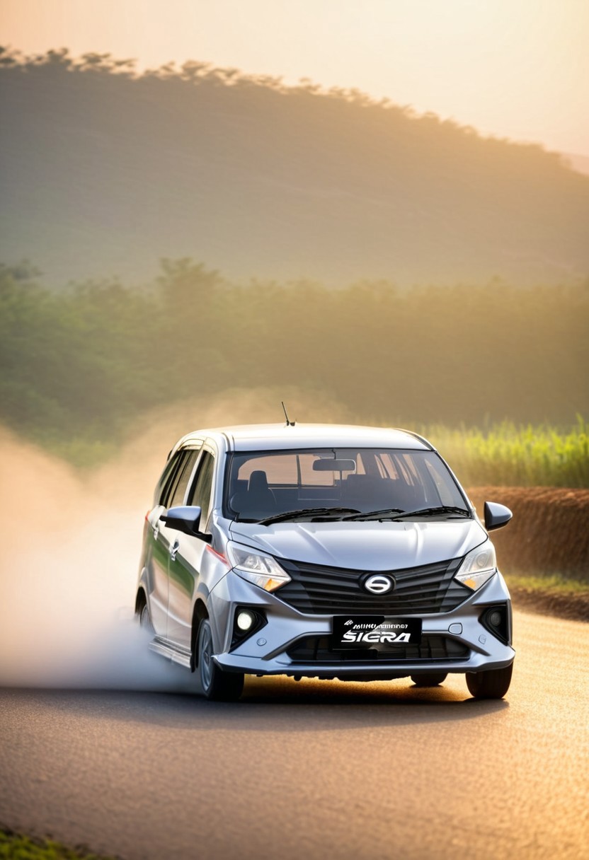 high resolution, best quality, Car, Daihatsu Sigra, early morning, countryside, road, high speed,